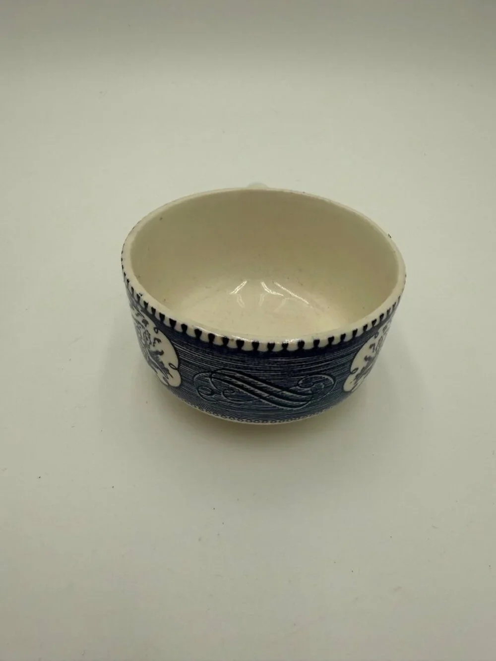 Vintage Currier & Ives Blue White Ceramic Tea cup Coaching Scene